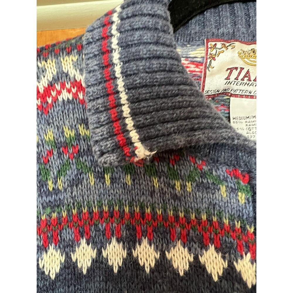 2002 Y2K Vintage Tiara International SZ M Blue Nordic Fair Isle Knit Sweater - Picture 4 of 6